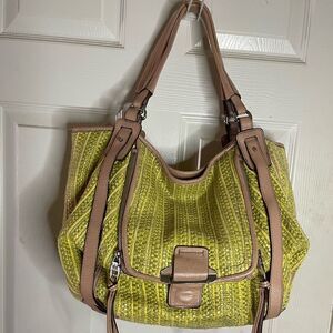 KOOBA  Green fabric & raffia weave with tan leather straps & trims shoulder bag